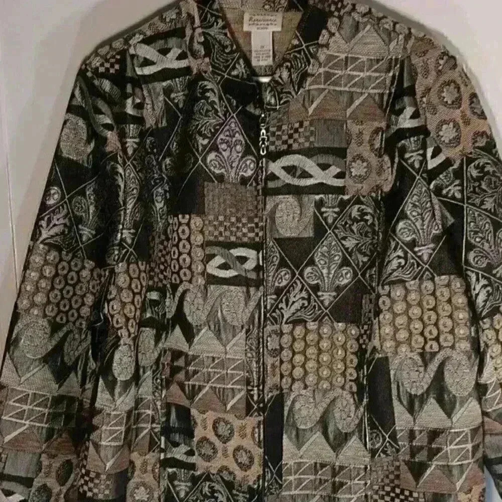 "Renaissance  Womens" Vint Tapestry Brocade Jacket‎ 2X Black Tan Silver Full Zip